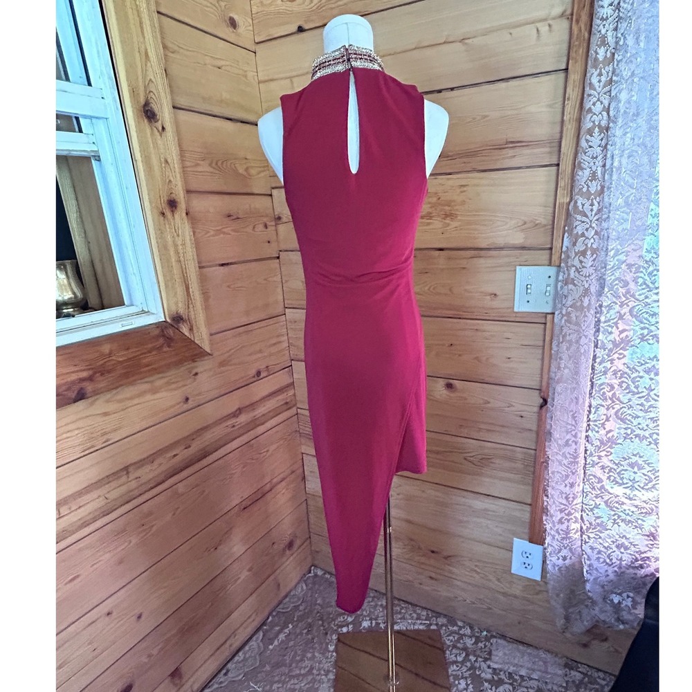 Bebe‎ Rhinestone Neck Dress Womens Small Rhubarb Red Asymmetrical Hem Mini Y2K - Picture 6 of 10